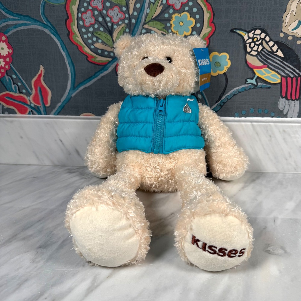 Hershey's Kisses Cream Plush Teddy Bear Teal‎ Blue Puffer Vest 17 Inch NEW 2019